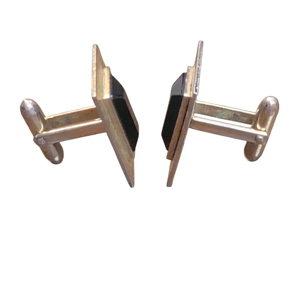 Vintage Rectangular Gold-Toned Cufflinks With Black Faceted Stones Elegant